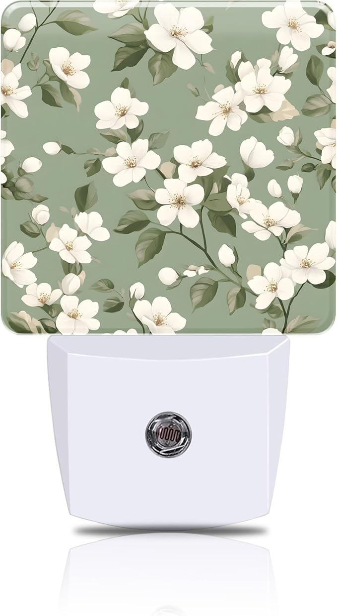 Night Light White and Green Flowers Night Lights Plug into Wall Smart Dusk to Dawn Sensor 0.5W Energy Efficient Led Lamp for Men Women Bedroom Bathroom Hallway Stairway Decor