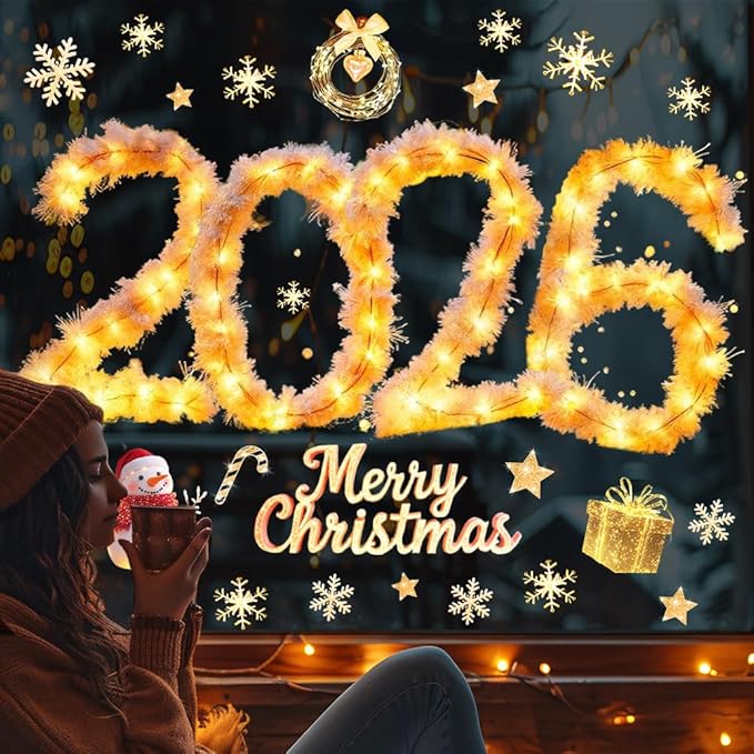Christmas Window Stickers Clings Cute Snowman Snowflake Winter Golden Light String Pattern Window Decal Decoration Glass Windows Sticker for Xmas 2026 New Year Party Decor Accessories