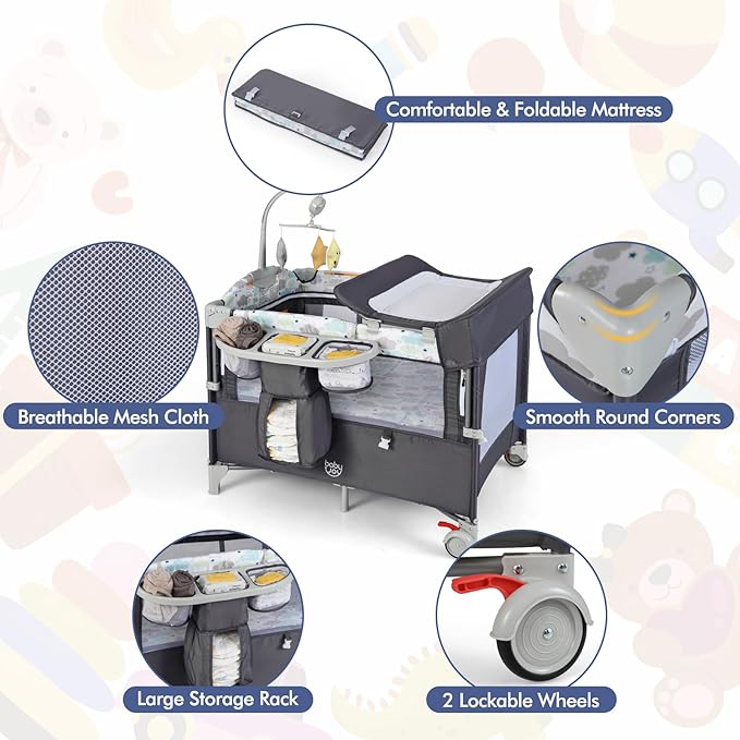 HONEY JOY Pack and Play with Bassinet, 5-in-1 Baby Bedside Sleeper w/Diaper Changing Table & Storage Bag, Toy Arch & Music Box, Detachable Side Rail, Portable Baby Play Yard w/Carry Bag(Gray)