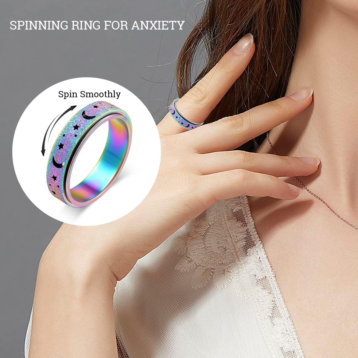 OreilleStar Anxiety Ring for Women Spinner Ring Fidget Stainless Steel Ring Fidget Toys Adults Spinner Rings Fidget Rings Fidget Ring Men Moon Star Rainbow Size 10