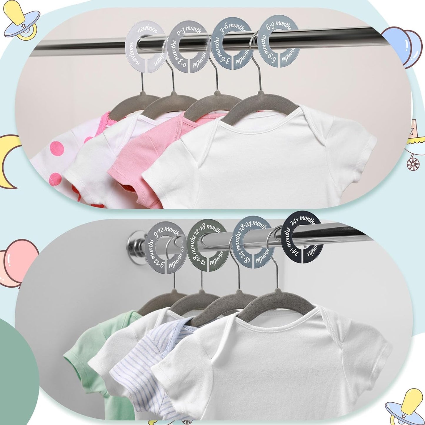 8 Pcs Baby Closet Dividers Unisex Baby Clothes Organizers Clear Labels for Nursery Closet Organizer & Decor Nursery Fits Most Rods(Modern,Cool Colors)