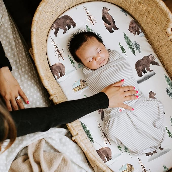 GRSSDER Stretchy Ultra Soft Fitted Bassinet Sheet Set 3 Pack, Universal Fit for Bassinets Baby Cradle Moses Basket Oval Rectangle Mattress Safe and Snug, Jungle Bear/Rainbow for Baby