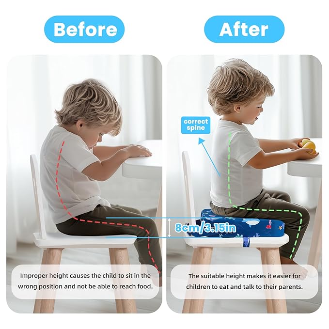 Toddler Booster Seat for Dining Table, Kids Booster Seat for Kitchen Chair with Non-Slip Bottom, Portable Detachable Washable Increasing Cushion with 2 Adjustable Straps (Marine Animals)