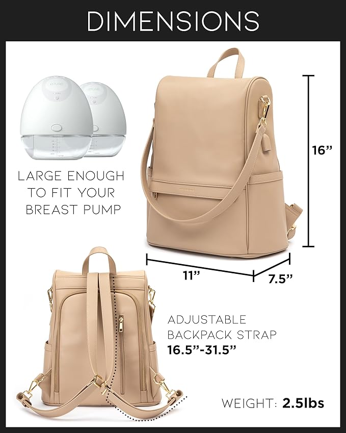 MIA + SOPHIA Leather Diaper Bag Backpack with USB Charging port, Changing Pad, Stroller Straps, and Bottle Holder (Beige Mia)