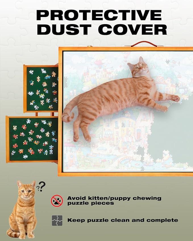 1500 Piece Wooden Jigsaw Puzzle Table with Drawers and Cover, Adjustable Puzzle Board with Foldable Legs, Portable Tilted Puzzle Easel for Adults, Velvet-Lined Tabletop and Drawers, Heavy Duty