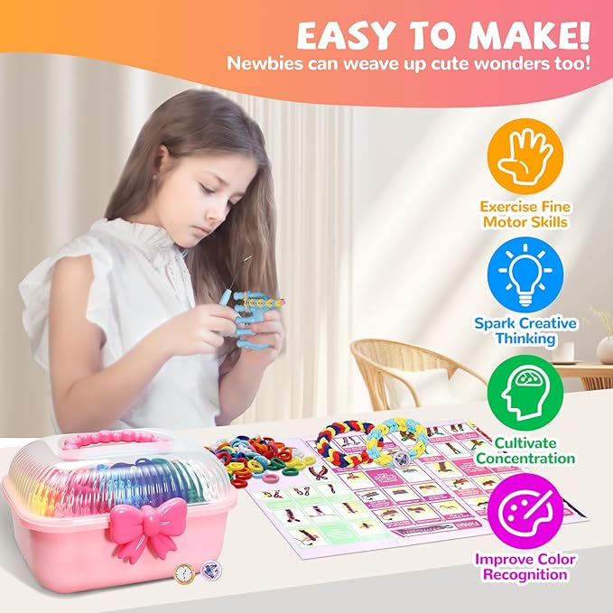 spcozgil Rubber Band Bracelet Making Kit, 1200+ Rainbow Elastic Cloth Loom Bands in 12 Colors, Weaving Loom Bracelets Kits for Girls, DIY Arts and Crafts Toys Christmas Birthday Gift for Kids