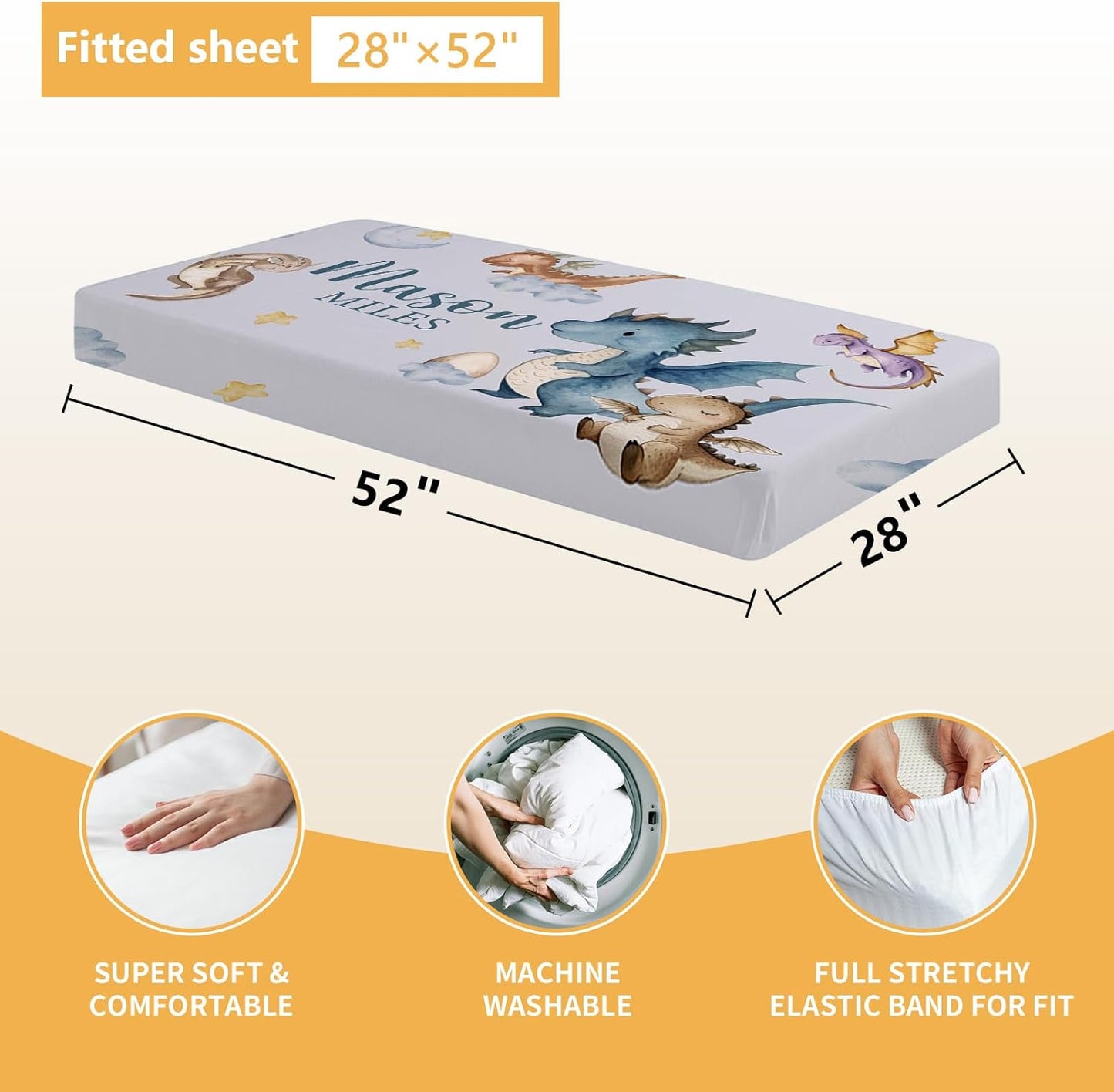 Custom Baby Crib Bedding Set, 5 Pcs Personalized Name Baby Crib Sets for Infant Toddler, Blue Dinosaur Nursery Bedding Set for Baby Boy, Double Layer Baby Bedding Sets Customized Gifts