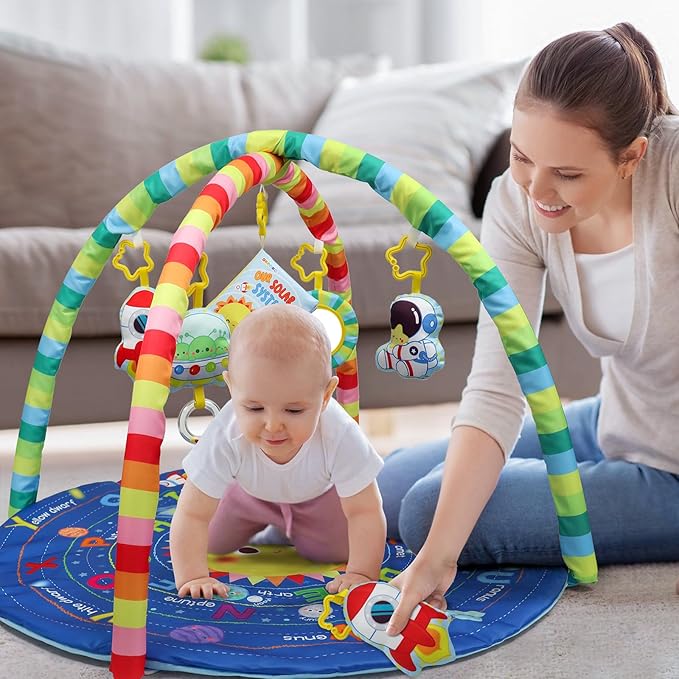 OKOOKO Baby Play Mat, Activity Baby Play Gym with Arch, Solor System Playmats & Floor Gyms, Alphabet Mat, Detachable Mirror, Thick Non Toxic Playmats for 0+