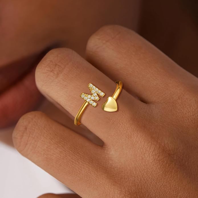 Gold Initial Rings for Women Girls, Dainty 14K Gold Plated Adjustable Initial Rings Cute Heart Zirconia Ring for Women Teen Girl Gifts