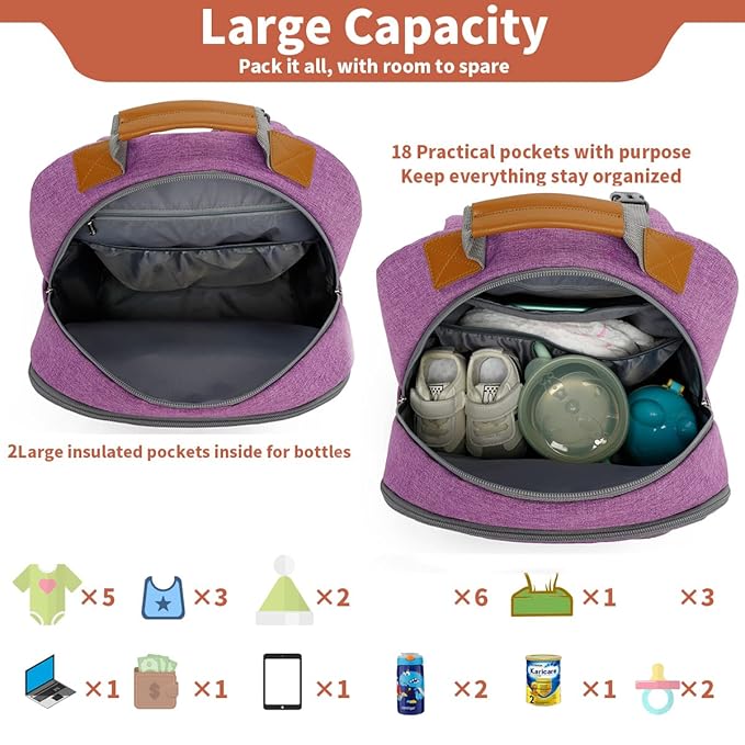 Diaper Bag Backpack, Large Baby Nappy Bags with Portable Changing Pad for Boys and GirlsMultifunction Travel Baby Bag for Moms Dads, Shower Gifts Waterproof and Stylish，Purple