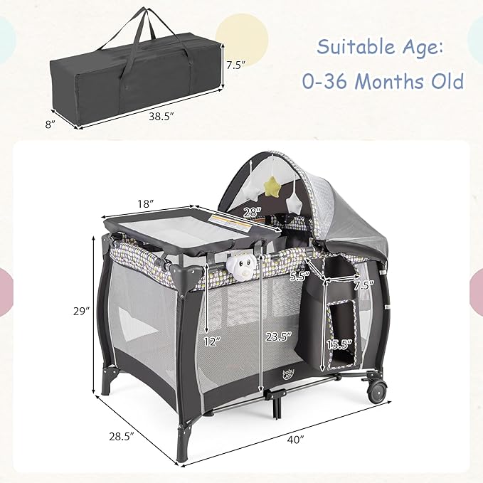 HONEY JOY Pack and Play, 4-in-1 Foldable Nursery Center with Full-Size Infant Bassinet & Diaper Changer, Portable Toddler Crib w/Mattress & Net, Music Box, Toys, Baby Playard w/Carry Bag, Gray