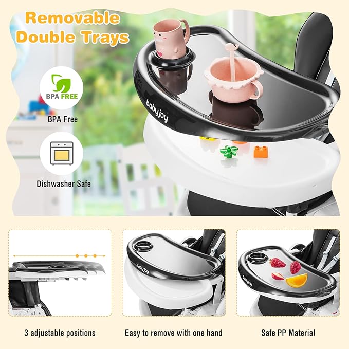 BABY JOY High Chair for Babies & Toddlers, Foldable Highchair with Adjustable Backrest/Footrest/Seat Height, Double Removable Trays, Detachable Seat Cushion, 4 Lockable Wheels (Black)