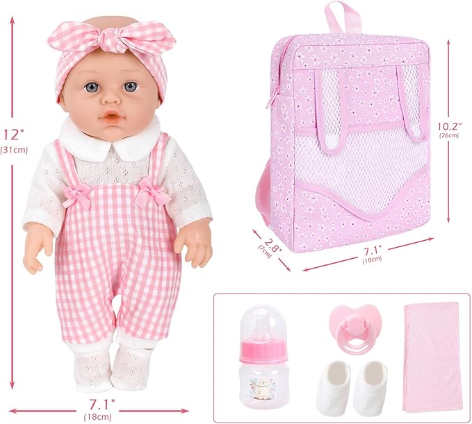 DONTNO 12 Inch Baby Doll with Clothes and Backpack Carrier,Newborn Doll Includes Clothes,Blanket,Pacifier,Bottle,First Gift for Toddlers 36 Months and Up