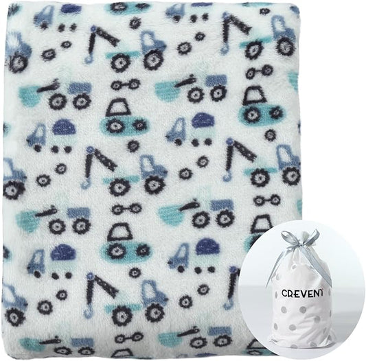 CREVENT 30"X40" Cute Lightweight Silky Cozy Warm Baby Blanket for Boys Infant Toddler Newborn Unisex Crib Cot Stroller, for All Season - Blue Truck