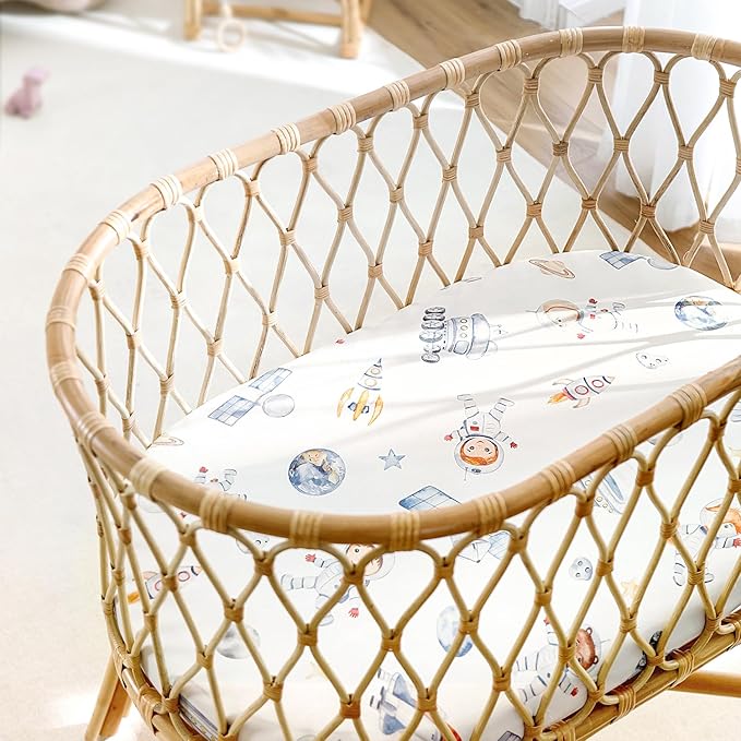 GRSSDER Stretchy Ultra Soft Fitted Bassinet Sheets 3 Pack, Universal Fit for Baby Cradle Moses Basket Oval Rectangle Mattress Safe and Snug, Space Print
