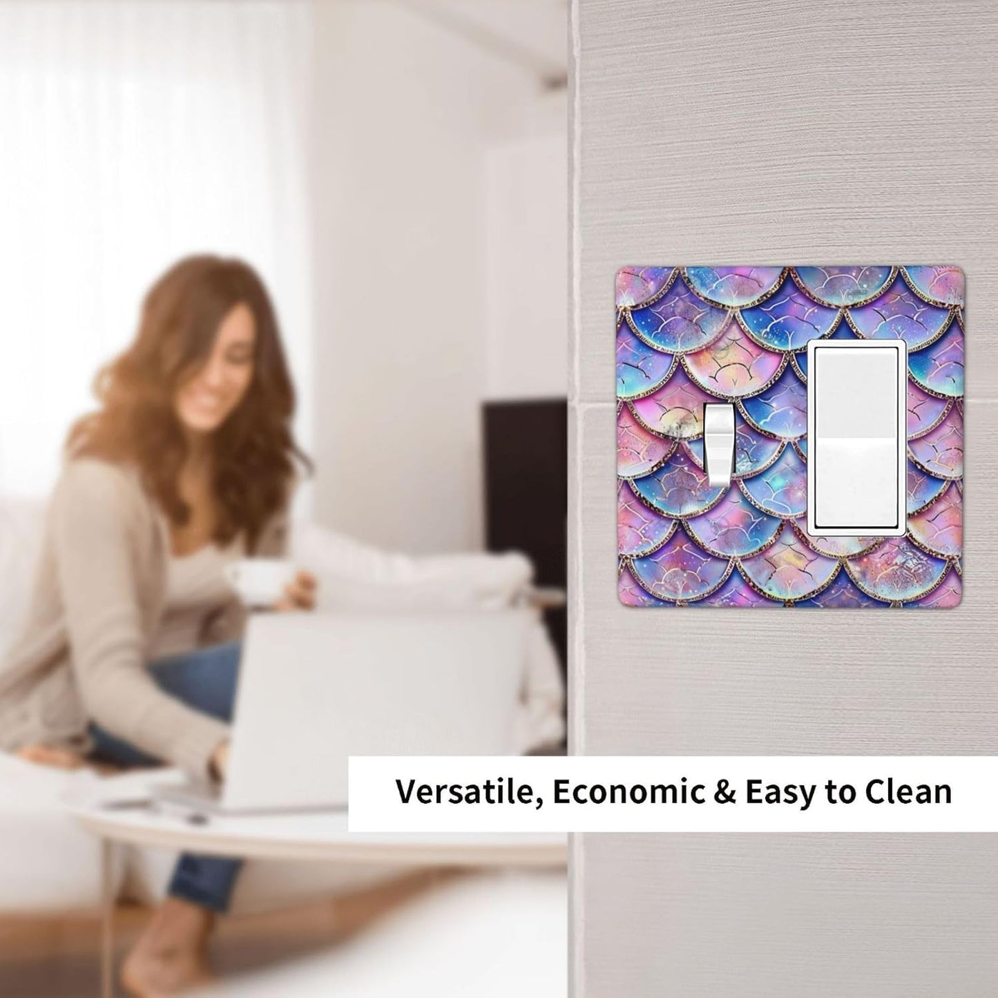 Decorative Outlet Covers Cute Pink Purple Mermaid Scales 2 Gang 1 Gang Wall Plate Cover Single Toggle Rocker Combo Light Switch Cover Plate Face Plate for Bedroom Home Decor