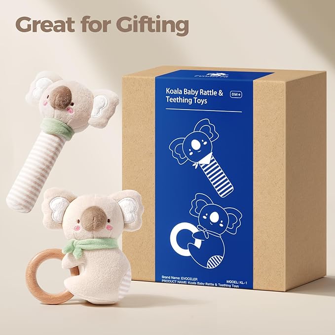 Evoceler 2 PCS Koala Rattles & Shaker Toys with Embroidered Details, Wooden Teething Ring Baby Toys, BPA-Free Sensory Toys for 0-3-6-12 Months, Squeaky Infant Toy, Ideal Baby Shower Boy Girl Gift