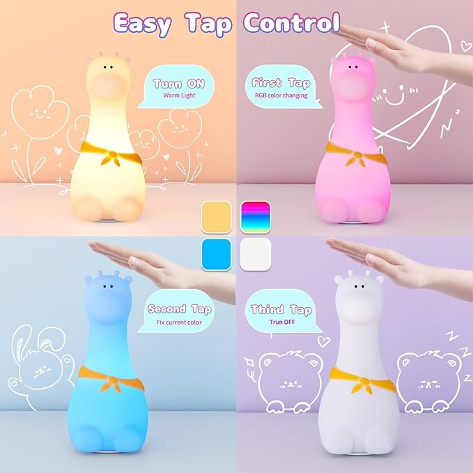 Silicone Night Light for Kids – Rechargeable Tap Control Lamp with 8 Colors, Cute Animal Design for Nursery, Toddler Room Decor, Gifts for Girls and Boys (Giraffe)
