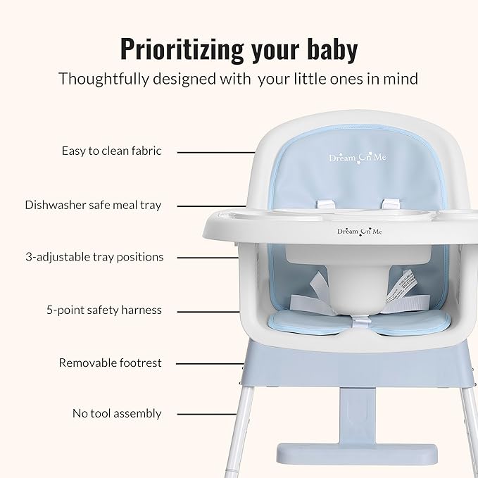 Dream On Me Curio Sit N Seek 3 in 1 Convertible Baby High Chair in Sky Blue, Removable and Adjustable Tray, Portable High Chair, Adjustable Legs, Detachable Footrest & 5 Point Safety Harness