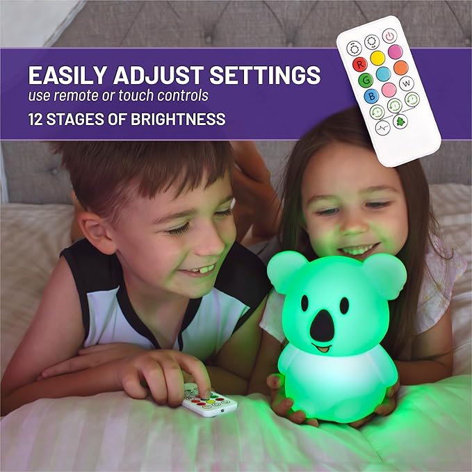 LumiPets Keith the Koala Squishy Night Light for Kids | Silicone Lamp with Tap & Remote Control | Rechargeable, 9 Color Changing Animal Night Light for Boys & Girls | Portable Nightlight With USB Cord