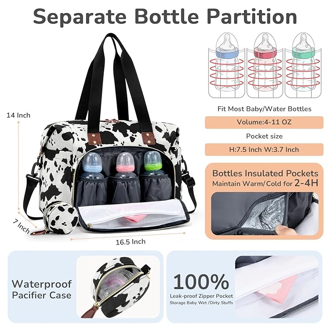 Diaper Bag Tote, Baby Bag Travel Diaper Tote Bag with Pacifier Case, Cute Maternity Hospital Baby Stylish Diaper Tote for Mom Dad Cow Print