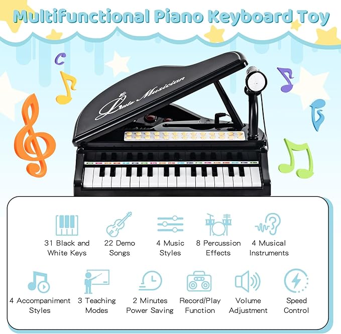 Costzon Kids Piano, 31 Key Mini Grand Piano Toy Keyboard with Microphone, Stool & Lights, Portable Electronic Piano Educational Musical Instrument Toy, Birthday Gift for Toddler Boys Girls (Black)