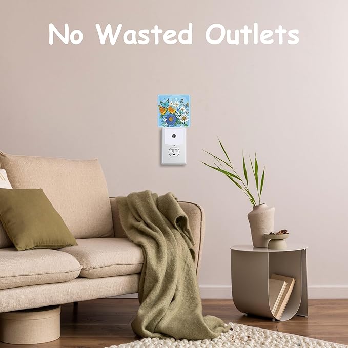 Blue White Yellow Flowers Night Light,Flutter Butterflies Plug-in Night Light Auto Dusk-to-Dawn Sensor Energy Efficient LED Lamp for Room Decor,Hallway,Kitchen,Bathroom,Nursery,Stairs