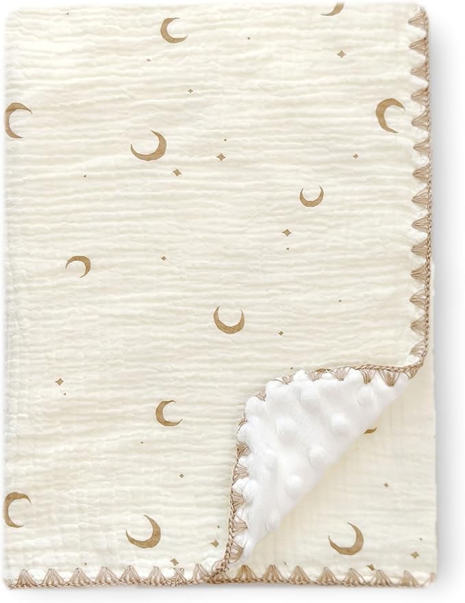 Baby Blanket Cotton Muslin Swaddle Thick Crib Bedding Dotted Backing Double Layer Receiving Blanket 40"x40" (Moon Stars)
