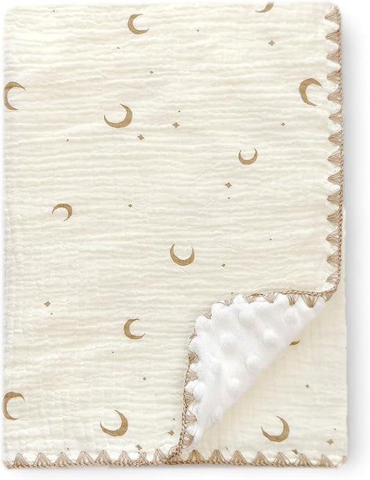 Baby Blanket Cotton Muslin Swaddle Thick Crib Bedding Dotted Backing Double Layer Receiving Blanket 40"x40" (Moon Stars)