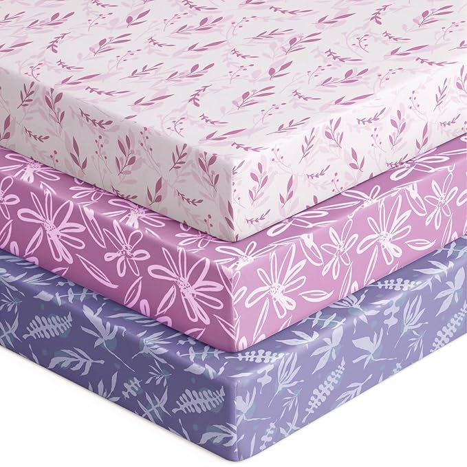 Baby Crib Sheets for Boys Girls, 28x52x8in Fitted Crib Sheet Neutral 3 Pack for Standard Crib and Toddler Mattress, Breathable Soft Microfiber Baby Sheet Purple Leaf