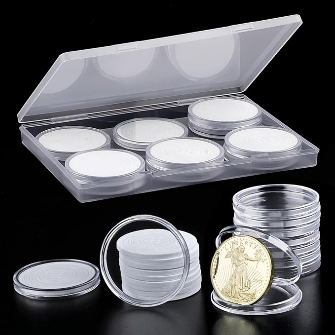 10PCS Clear Coin Capsules, Silver Dollar Coin Holder, Coin Holders for Collectors, Plastic Coin Case with Adjustable Gasket & Organizer Box for Morgan Silver Dollar | 16/20/25/27/30/33/38/46mm