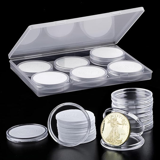 10PCS Clear Coin Capsules, Silver Dollar Coin Holder, Coin Holders for Collectors, Plastic Coin Case with Adjustable Gasket & Organizer Box for Morgan Silver Dollar | 16/20/25/27/30/33/38/46mm
