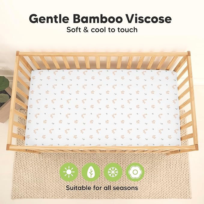 2-Pack Waterproof Baby Crib Sheets for Boys, Girls - 52x28 Viscose Derived from Bamboo Toddler Bed Sheet Neutral, Fitted Crib Mattress Protector Cover for Baby Bedding, Soft & Gentle (Nibbles/Bruce)
