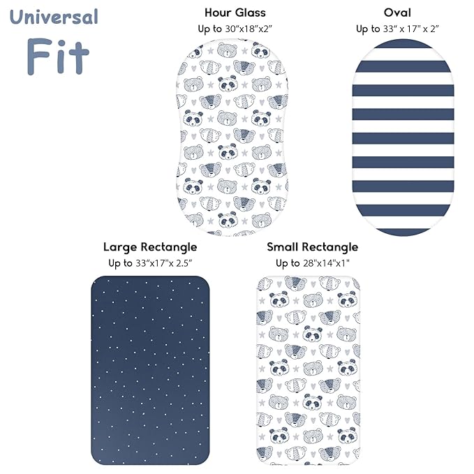 Yoofoss Bassinet Sheets for Baby,3-Pack Fitted Bassinet Sheets Set Compatible with Halo Bassinest Swivel Sleeper,Baby Delight,Angelbliss,Soft Breathable Bassinet Mattress Sheets(Stripes + Panda)