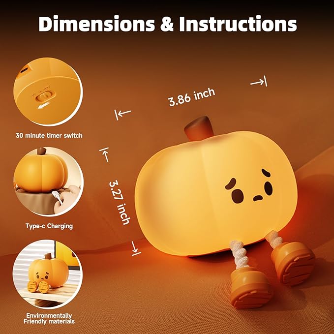 Pumpkin Night Light, Cute Pumpkin Decor Silicone Night Lamp with 3 Level Dimmable Bedside Lamp Halloween Night Light Nursery Nightlight Dorm Decor，Silicone Touch Light, Breastfeeding for Baby