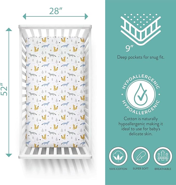 Featherhead™ 2-Pack Fitted Crib Sheets - 100% Cotton - 52" x 28" x 9" for Standard Crib and Toddler Mattress (Jersey Blue Foxes)