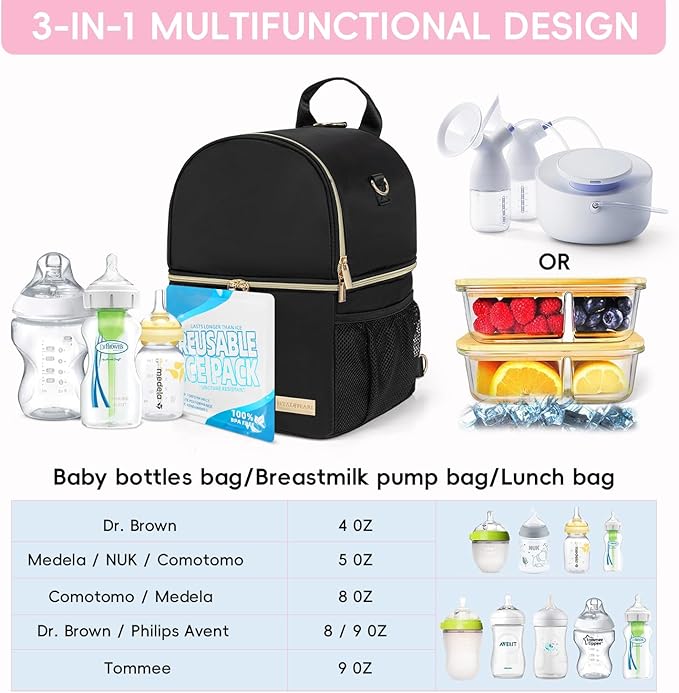 Breastmilk Cooler Travel Bag – 2-in-1 Pump & Bottle Compartments | Insulated for 8 Hours with 2 Gel Ice Packs | Waterproof, Fits 9oz Bottles | Convertible Backpack & Shoulder Bag
