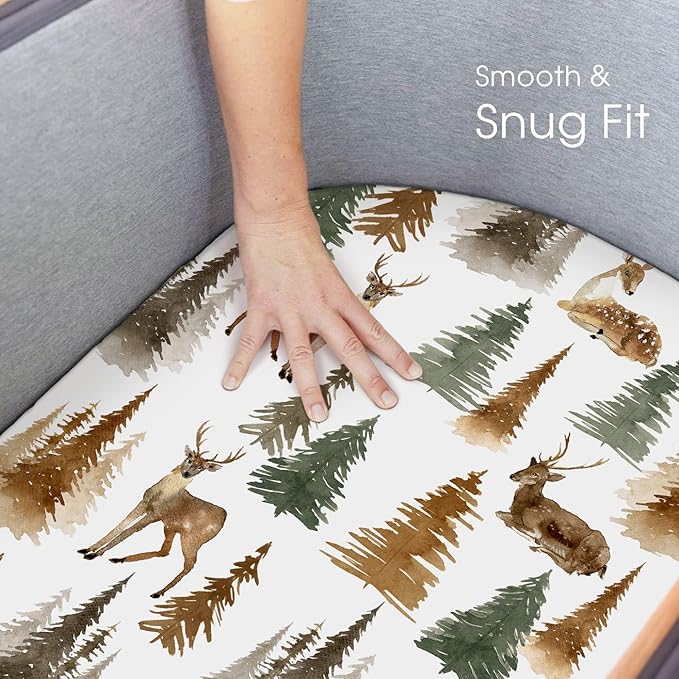 GRSSDER Stretchy Ultra Soft Fitted Bassinet Sheet Set 2 Pack, Universal Fit for Bassinets Baby Cradle Moses Basket Oval Rectangle Mattress, Stylish Jungle Deer Bassinet Sheets for Girls and Boys