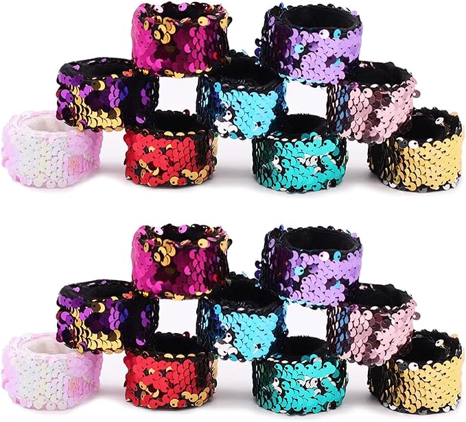 Childom 20 Pack Slap Bracelets 2-Color Reversible Charm Bracelets stage sequins horsetail buckle color ball head hair accessories hair accessories Magic Wristband