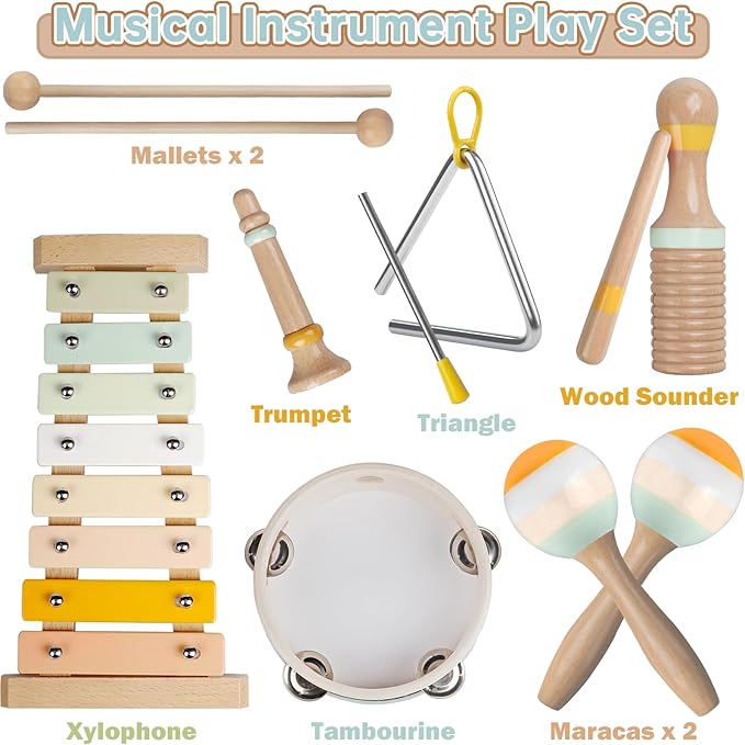 Baby Musical Instruments - Neutral Colors Musical Toys for Toddlers 1-3, Montessori Wooden Percussion Instruments Set with Modern Boho Xylophone Tambourine, Kids Preschool Educational Birthday Gifts