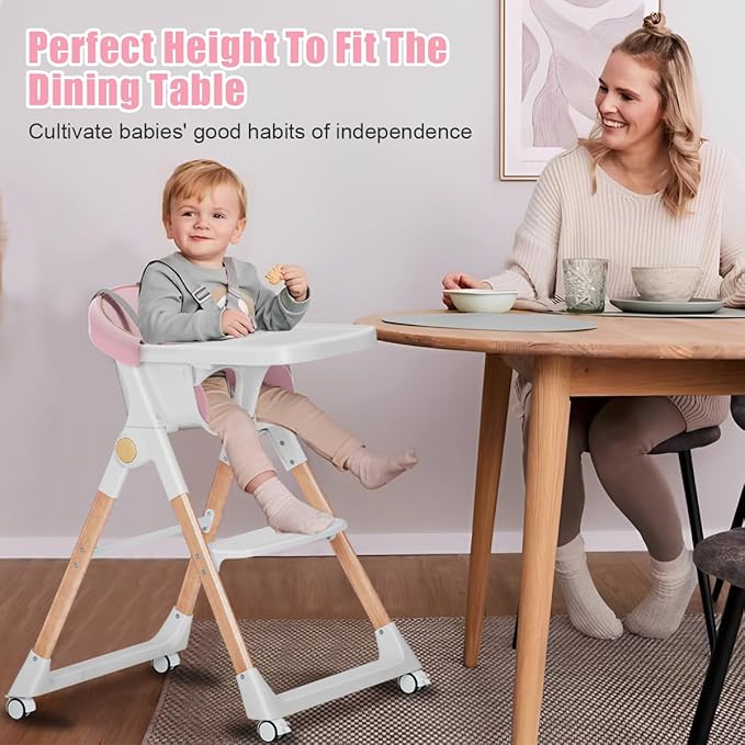 Baby High Chair, High Chairs for Babies and Toddlers, Convertible Folding High Chair with Removable Tray 5 Point Harness Footrest Detachable PU Cushion, Portable Highchair for Baby Toddlers