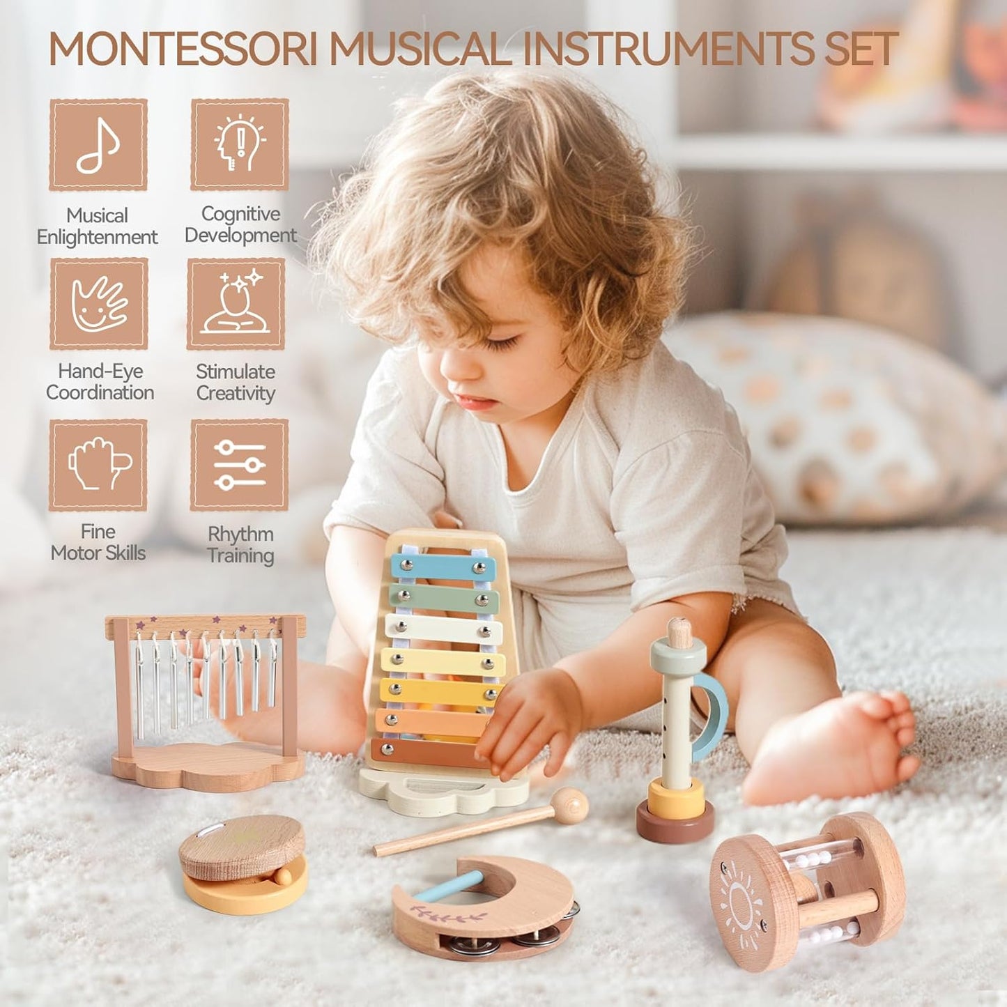 Baby Musical Instruments-Montessori Wooden Musical Toys for Toddlers | Modern Boho Kids Musical Instruments | Wooden Percussion Instruments Set Toys with Xylophone Birthday Gift