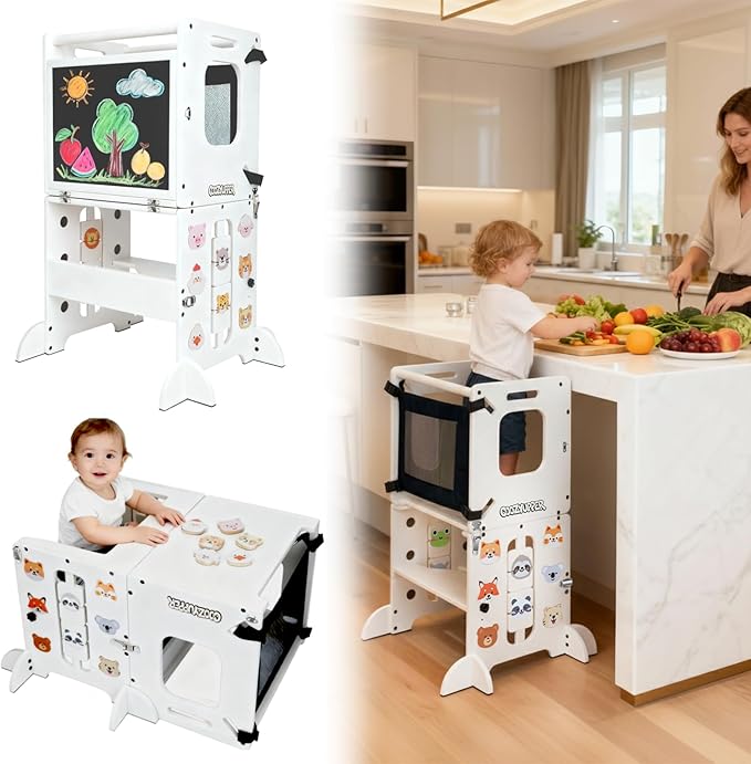 Toddler Kitchen Stool Helper, CPC Certified Foldable Toddler Tower, Learning Wooden Tower with Support Feet and Chalkboard, Anti-Drop Structure, Safe Design for Kids, White