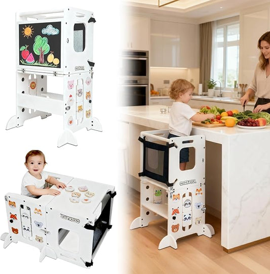 Toddler Kitchen Stool Helper, CPC Certified Foldable Toddler Tower, Learning Wooden Tower with Support Feet and Chalkboard, Anti-Drop Structure, Safe Design for Kids, White