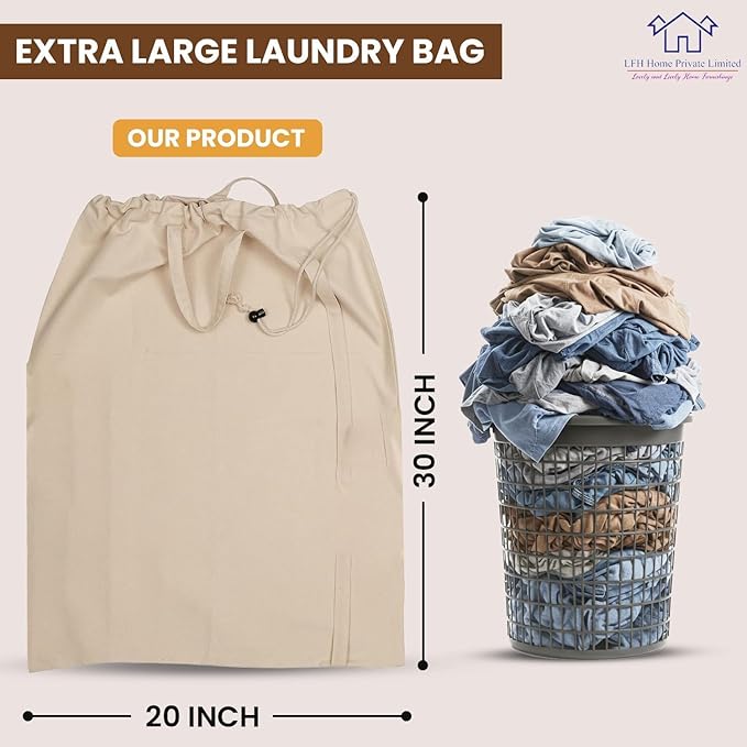 LFH Home Large Premium 100% Cotton Canvas Laundry Bag with Drawstring and Handles Heavy Duty, Multi-Use, and Washable for Home, Travel, College or Storage 20x30 (Pack of 4)-Natural
