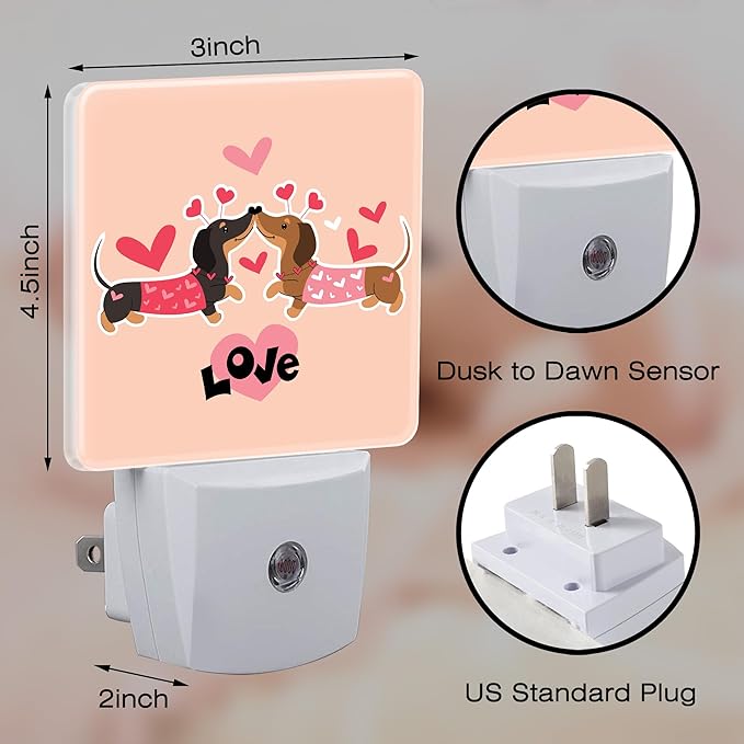 Valentine's Day Dachshund Dogs Night Light for Kids, Two Love Dachshunds Night Light Plug in with Dusk to Dawn Sensor,0.5w Energy Saving Nightlight for Hallway Stairway Kitchen Bedroom
