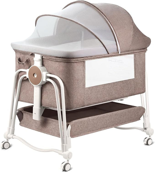 4 in 1 Baby Bassinet Bedside Sleeper, Rocking Baby Crib with Lockable Wheels, Storage, Mosquito Net and Matress Included, 7 Level Adjustable Bedside Bassinet for Baby Newborn(Khaki)