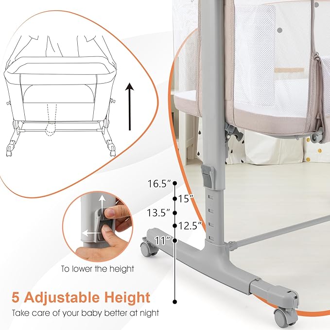 INFANS 3 in 1 Baby Bassinet, Bedside Sleeper for Newborn, Folding Crib with Mattress, Travel Bag, Wheels, 4-Sided Mesh, Easy to Assemble Cradle Co Sleeper Stationary, Rock (Beige)