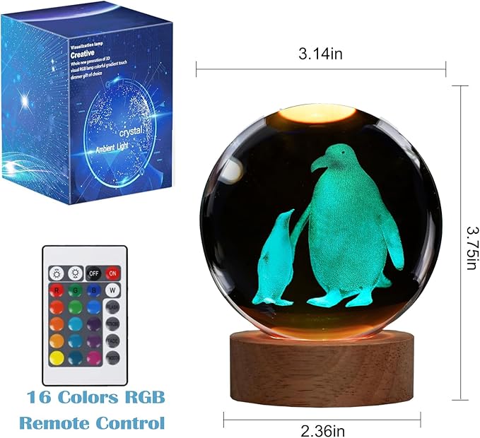 Penguin Night Light, Penguin Gifts, K9 3.15 Inch (80mm) Crystal Ball Night Light with 16 Colors Remote Upgraded Lamp for Birthday Xmas Cool Animal Figurines Gifts for Room Decor Boys Girls