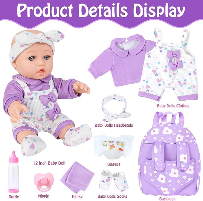 12" Baby Doll with Flower Pattern Backpack Carrier,12 Inch Realistic Baby Dolls with Clothes and Accessories Hanky Pacifier Bottle Diaper Toy Pretend Play Collection for 3+ Child Girls Gifts